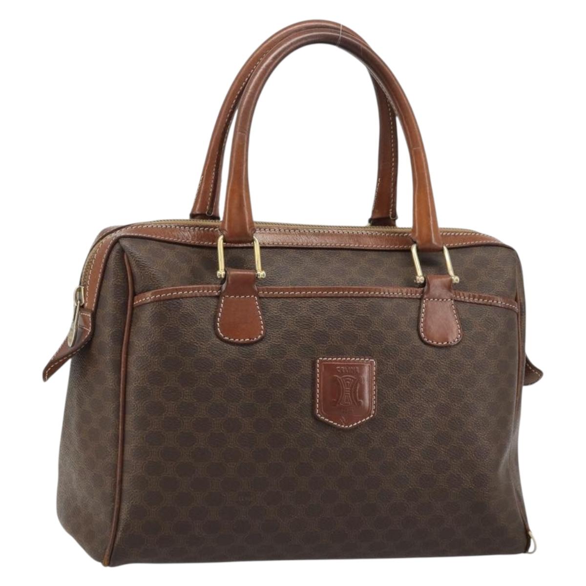 CELINE Macadam Canvas Boston Bag PVC Leather Brown Gold Auth BA11759