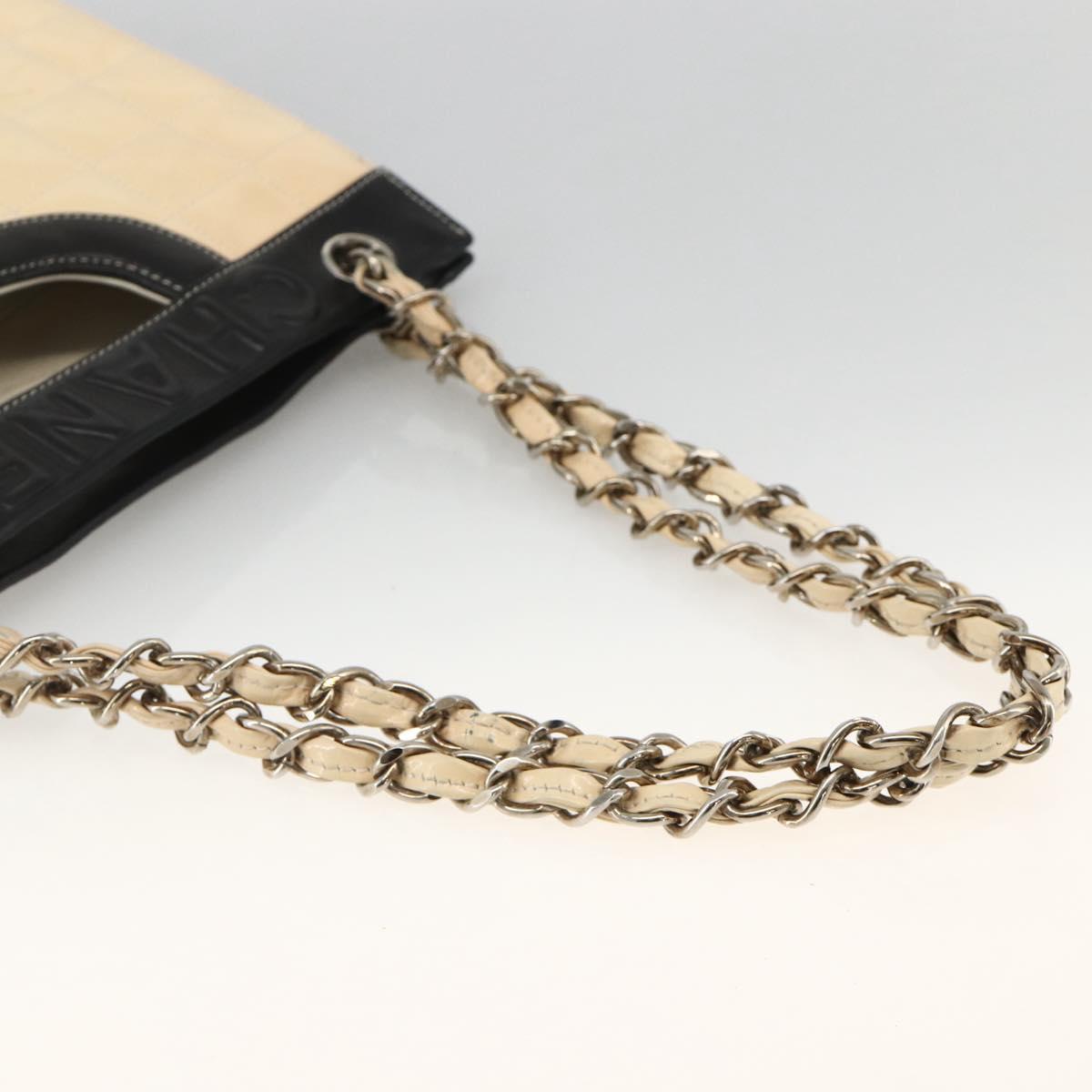 CHANEL Choco Bar Chain Shoulder Bag Patent Leather Beige Silver CC Auth BA11764A