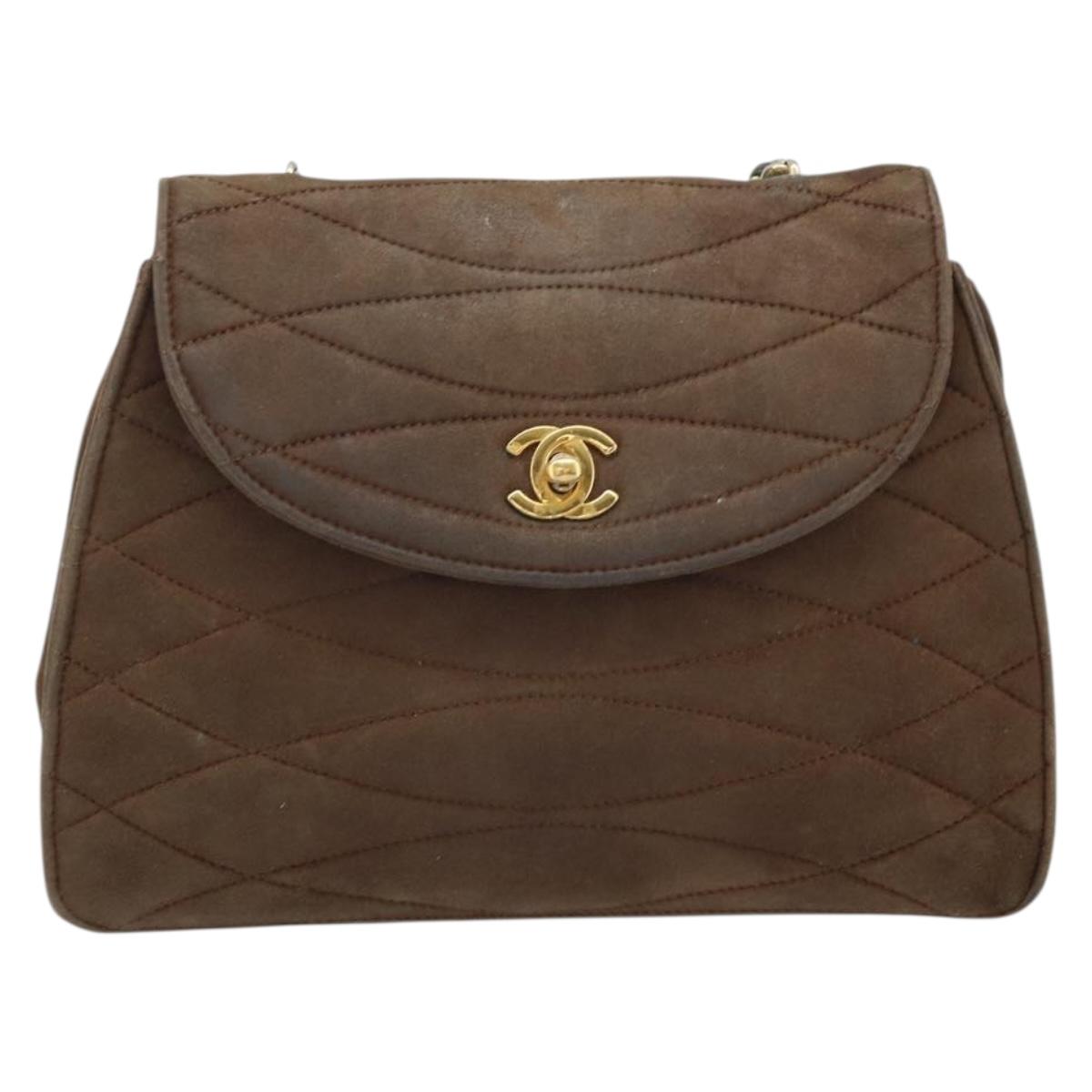 CHANEL Chain Shoulder Bag Suede Brown Gold CC Auth BA11810