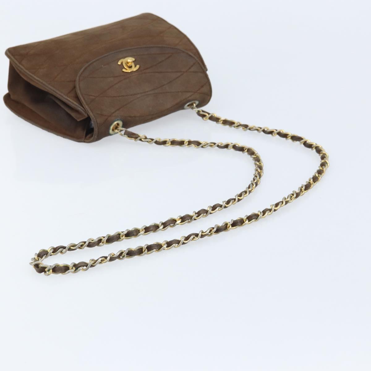 CHANEL Chain Shoulder Bag Suede Brown Gold CC Auth BA11810