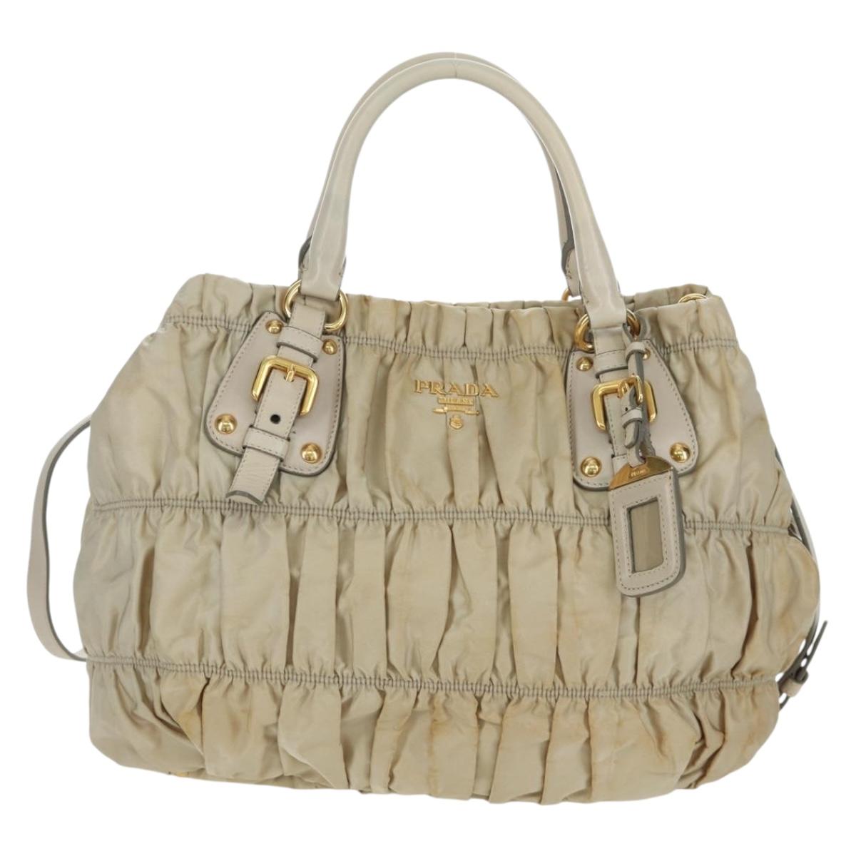 PRADA Gathered Hand Bag Nylon 2way Beige Gold Auth BA11812A