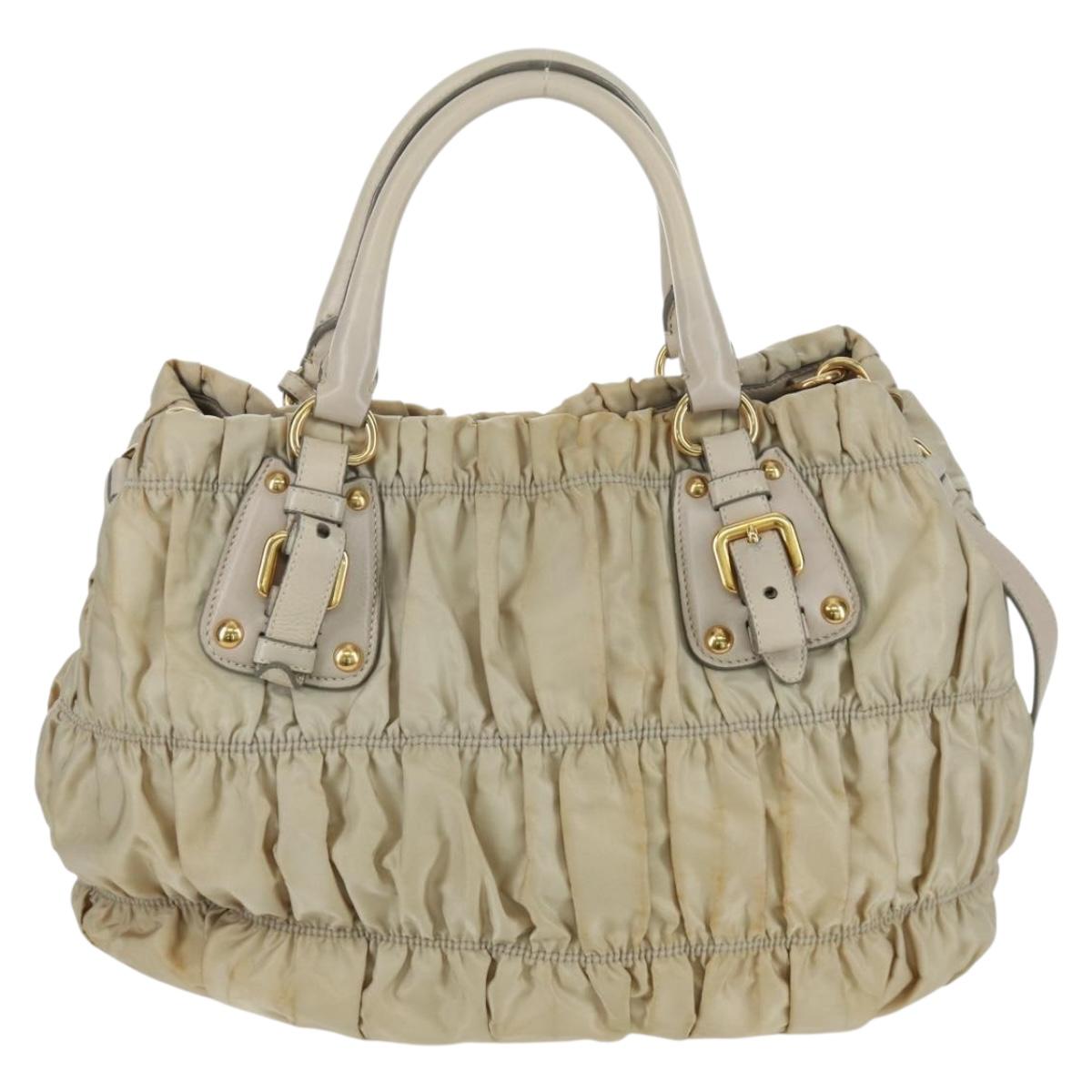 PRADA Gathered Hand Bag Nylon 2way Beige Gold Auth BA11812A