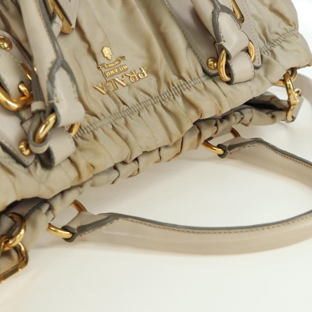 PRADA Gathered Hand Bag Nylon 2way Beige Gold Auth BA11812A