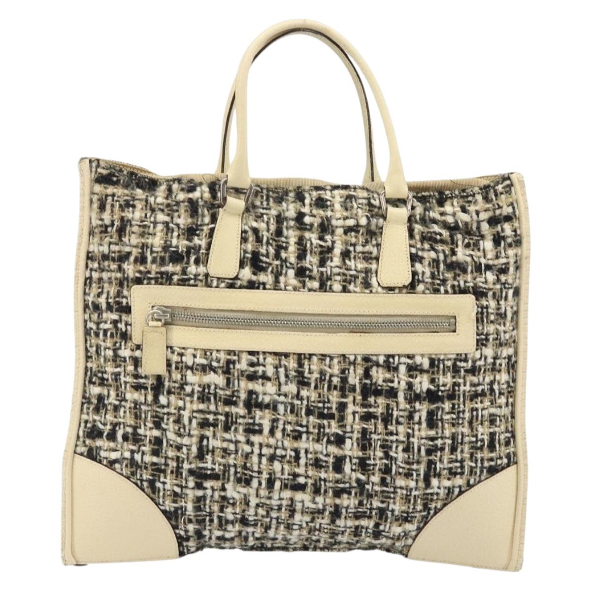 PRADA Hand Bag Tweed Beige Silver Auth BA11824A