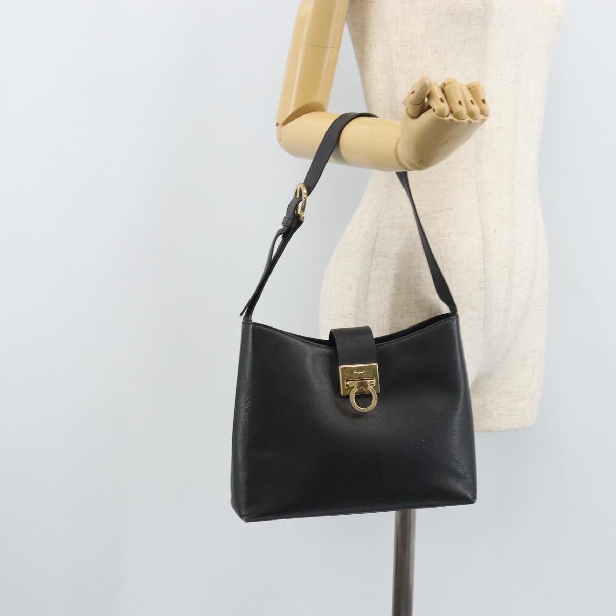 Salvatore Ferragamo Gancini Shoulder Bag Leather Black Gold Auth BA11825