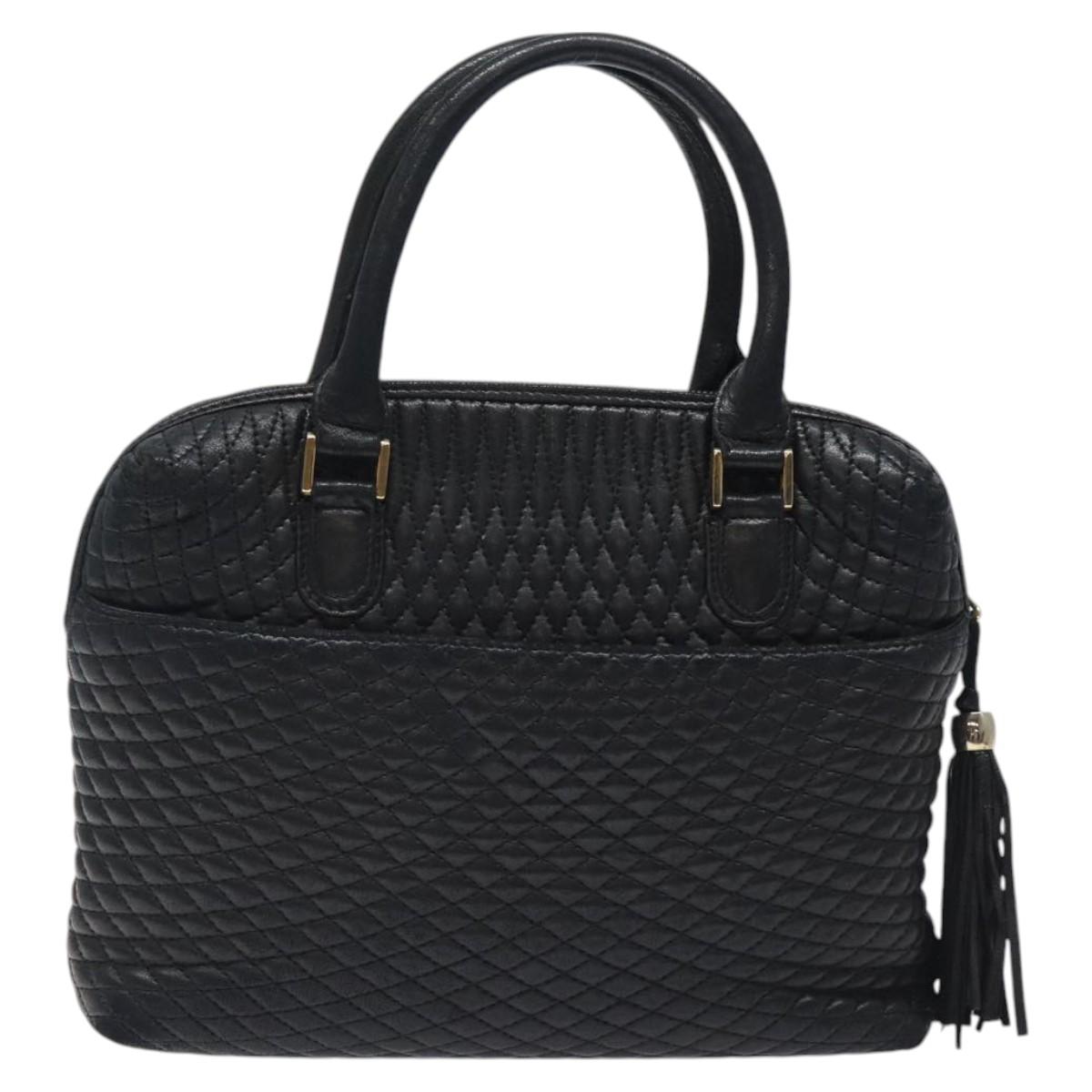 BALLY Quilted Hand Bag Leather Black Gold Auth BA1183