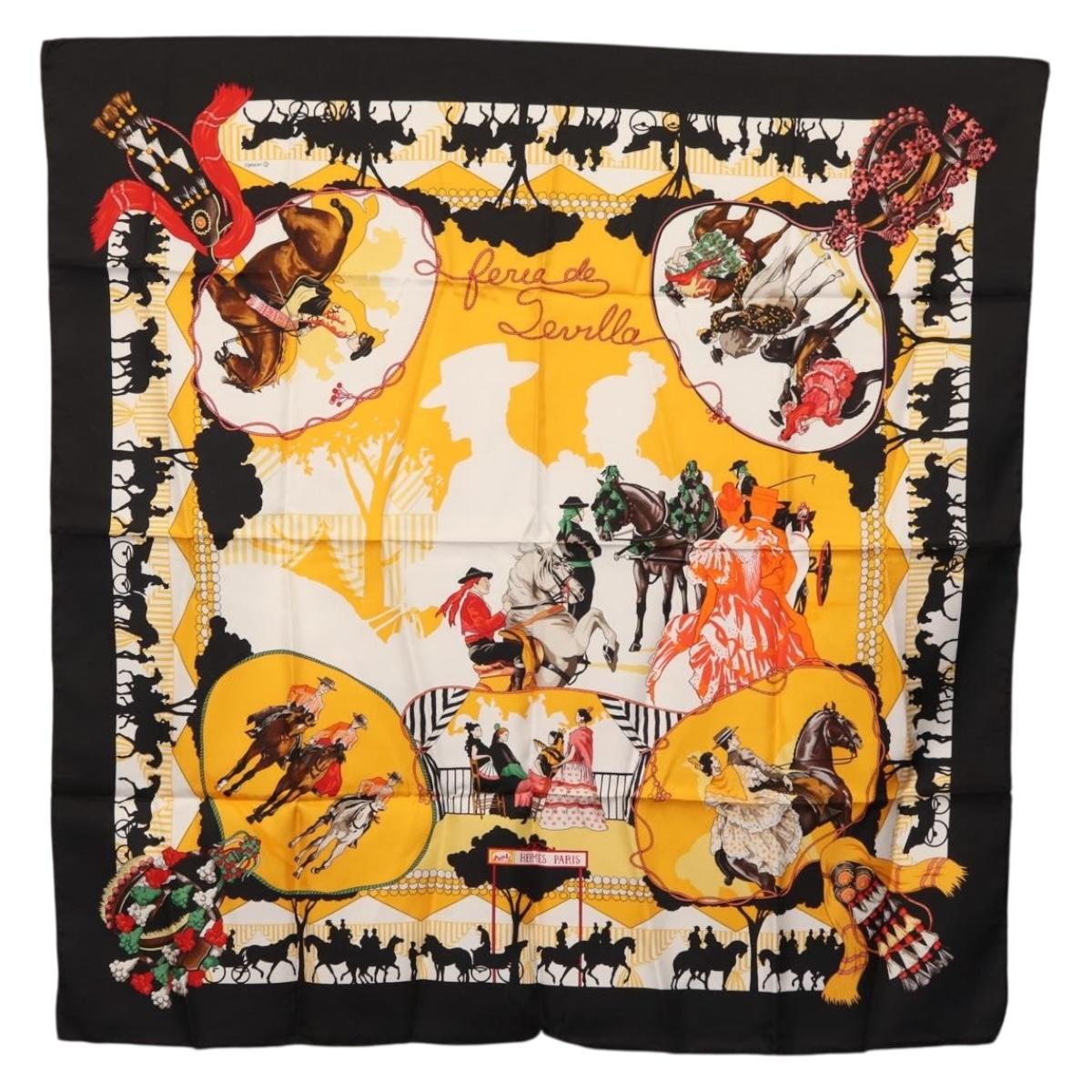 HERMES Carre 90 Scarf Silk ""feria de sevilla"" Black Auth BA11832A