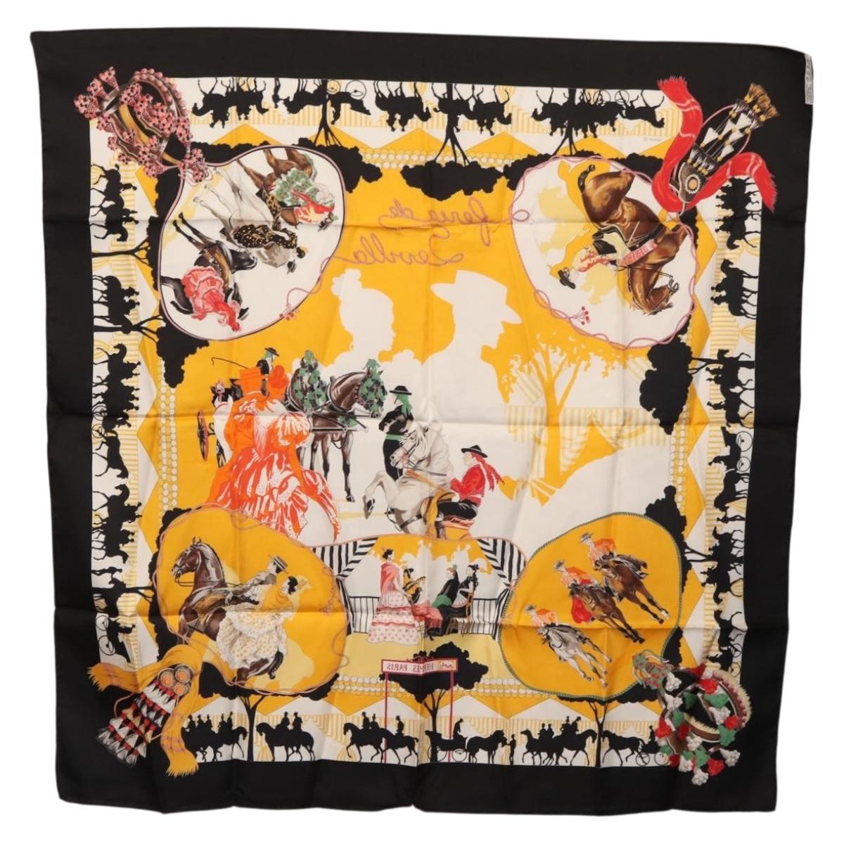 HERMES Carre 90 Scarf Silk ""feria de sevilla"" Black Auth BA11832A