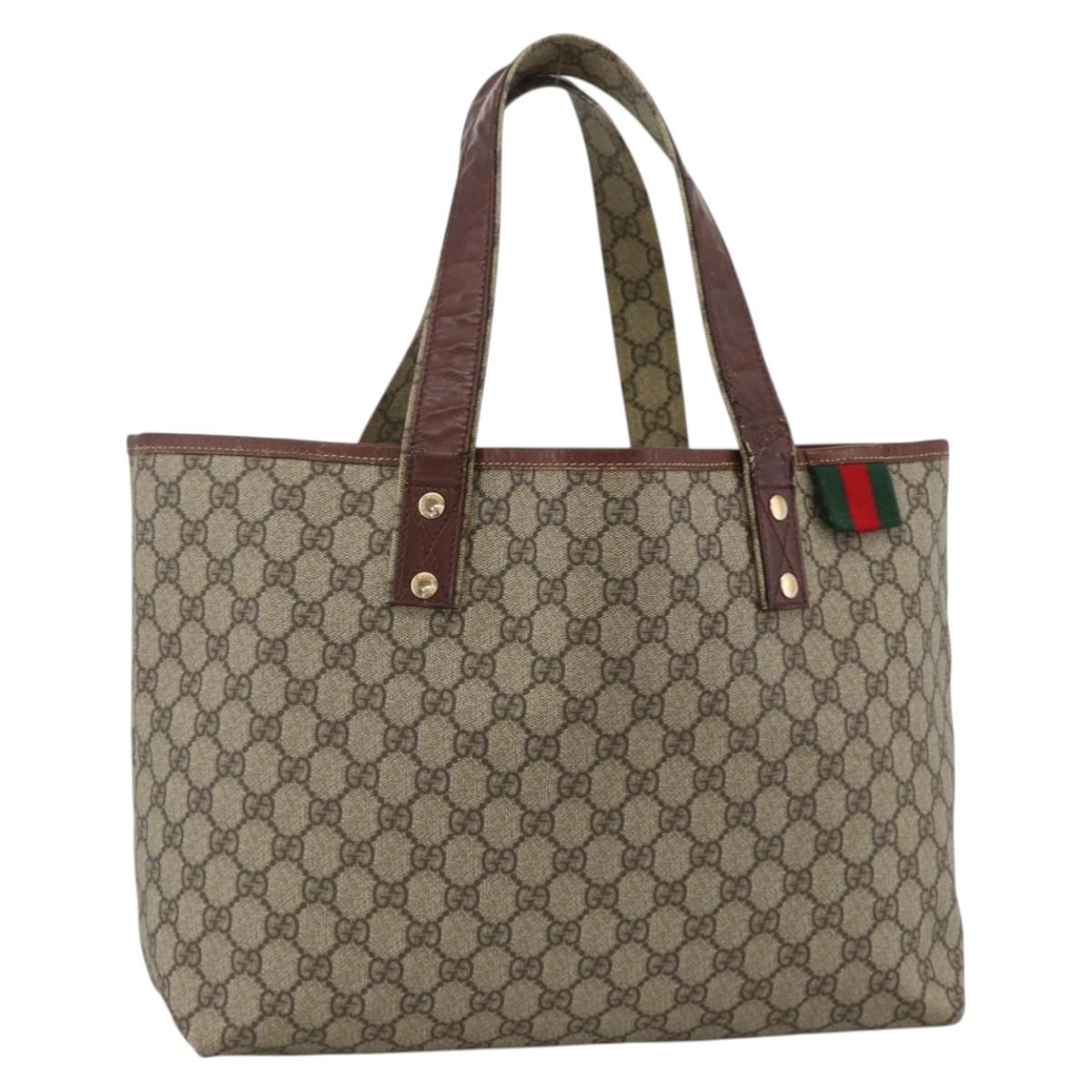 GUCCI GG Supreme Web Sherry Line Tote Bag PVC Beige Gold 211134 Auth BA11857
