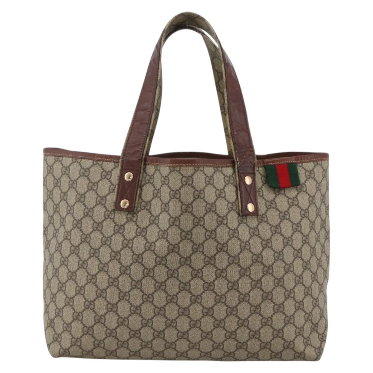 GUCCI GG Supreme Web Sherry Line Tote Bag PVC Beige Gold 211134 Auth BA11857