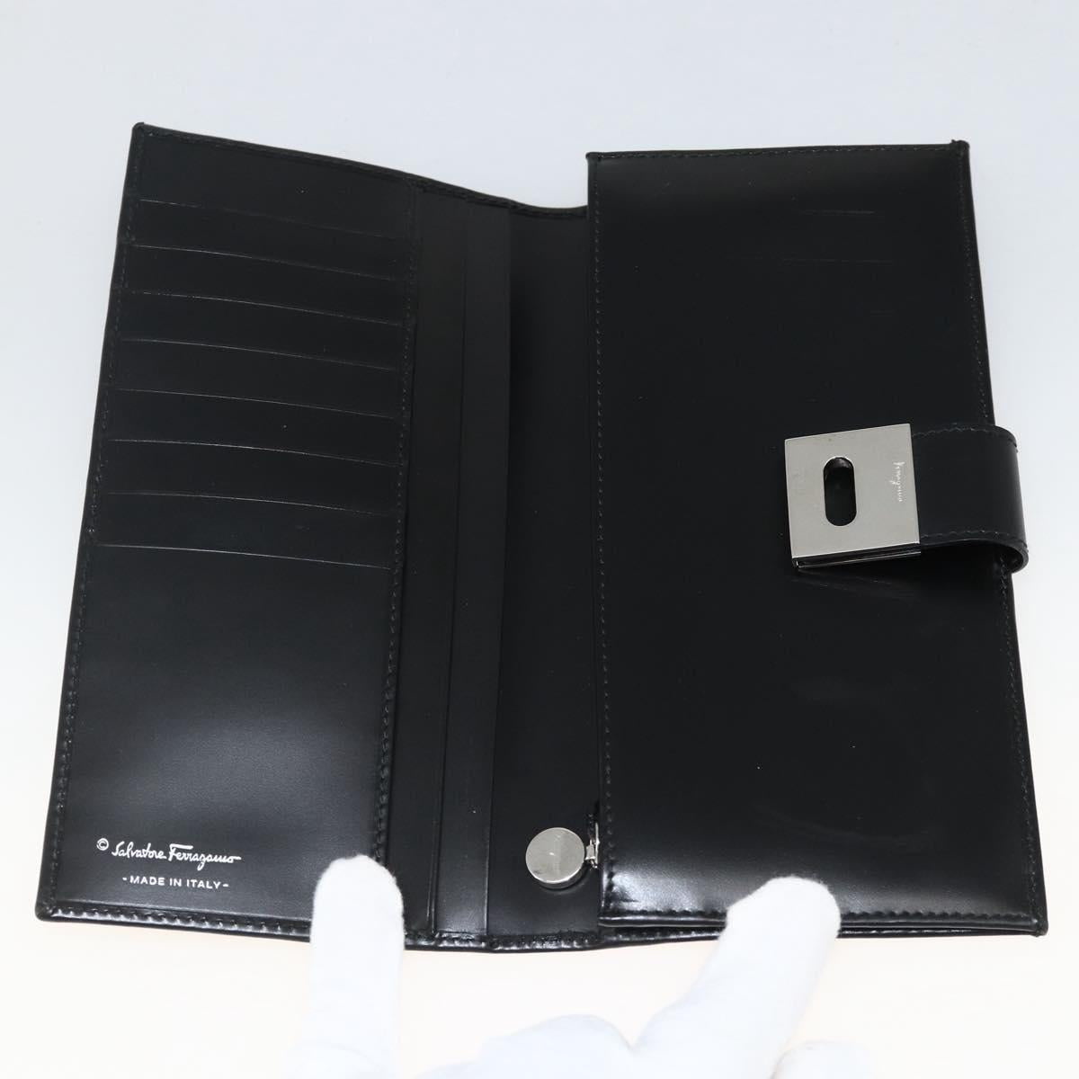 Salvatore Ferragamo Gancini Long Wallet Leather Black Silver Auth BA11875A