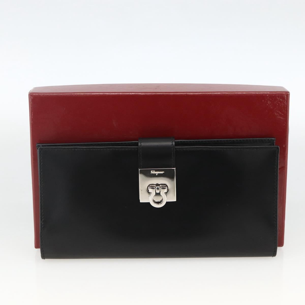 Salvatore Ferragamo Gancini Long Wallet Leather Black Silver Auth BA11875A