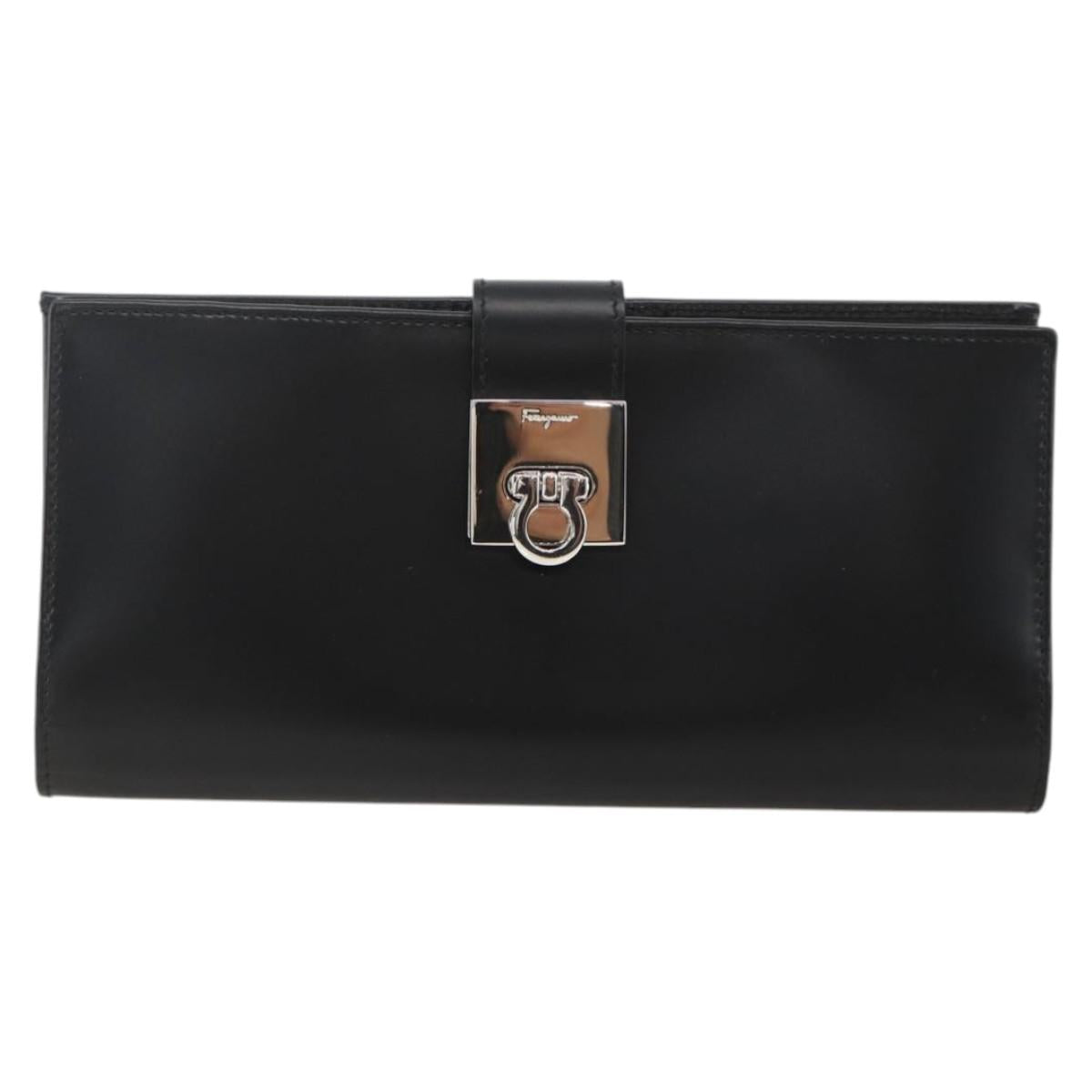 Salvatore Ferragamo Gancini Long Wallet Leather Black Silver Auth BA11875A