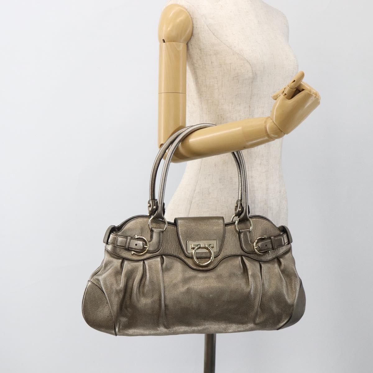 Salvatore Ferragamo Gancini Hand Bag Leather Gold Silver Auth BA11899