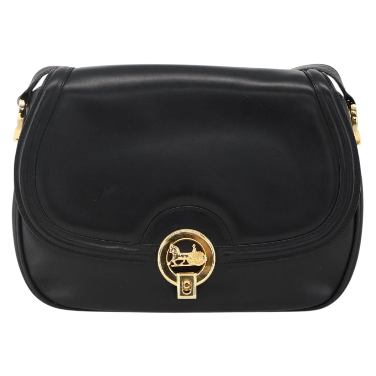 CELINE Horse Carriage Shoulder Bag Leather Black Gold Auth BA11909