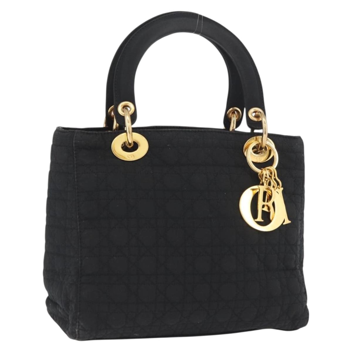 Christian Dior Lady Dior Canage Hand Bag Nylon Black Gold Auth BA11915