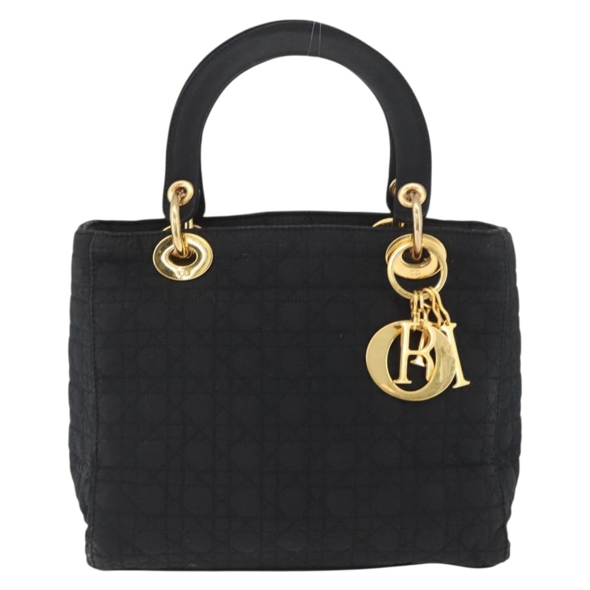 Christian Dior Lady Dior Canage Hand Bag Nylon Black Gold Auth BA11915