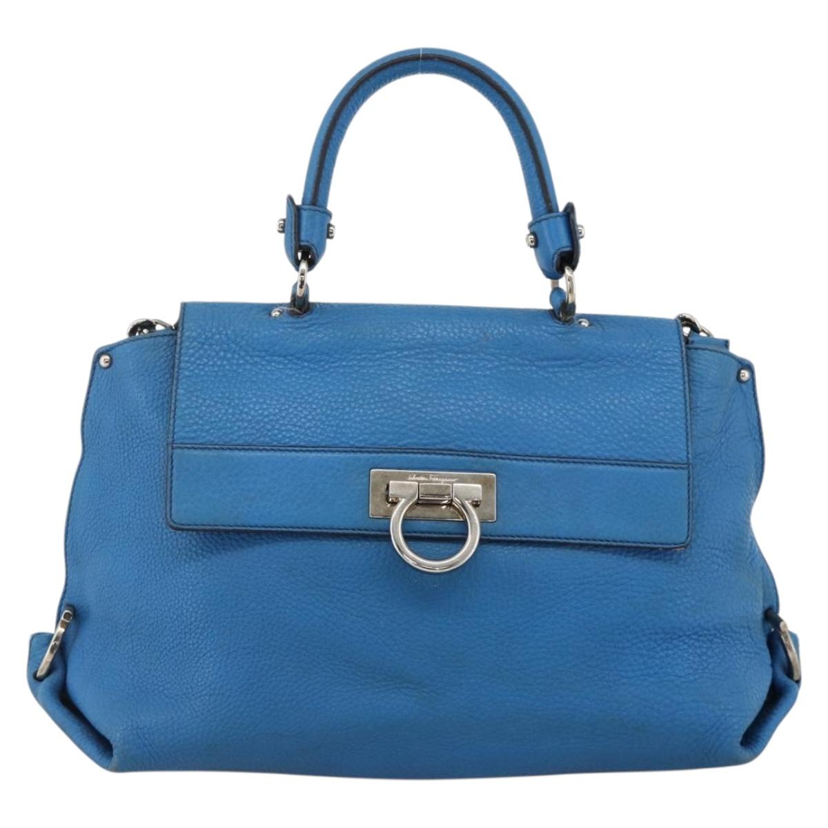 Salvatore Ferragamo Gancini Sofia Hand Bag Leather 2way Blue Silver Auth BA11921