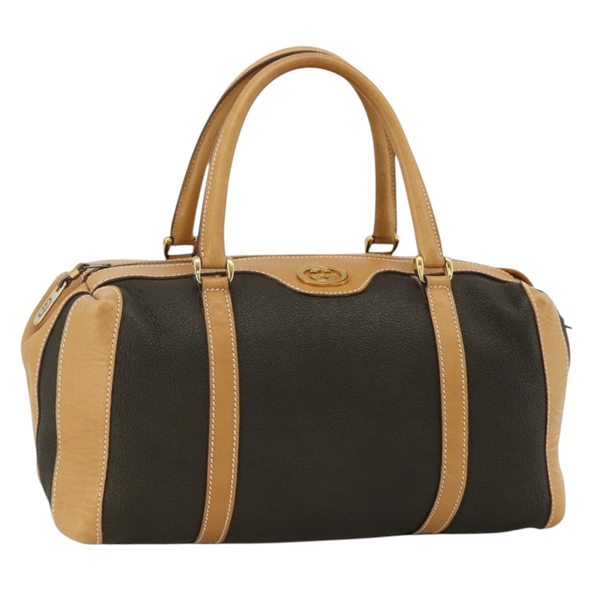 GUCCI Boston Bag Leather Khaki Gold 25 02 2112 Auth BA11936A