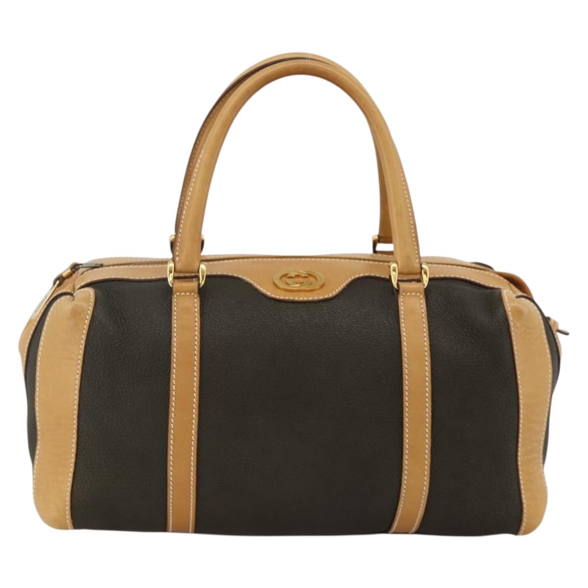 GUCCI Boston Bag Leather Khaki Gold 25 02 2112 Auth BA11936A