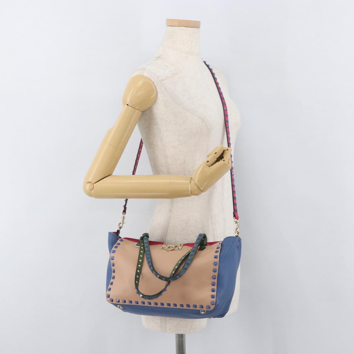 VALENTINO Rock Studs Hand Bag Leather 2way Multicolor Gold Auth BA11942A