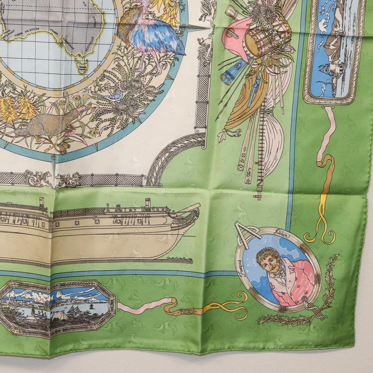 HERMES Carre 90 Scarf ""Orbis Australis"" Silk Green Auth BA12023A