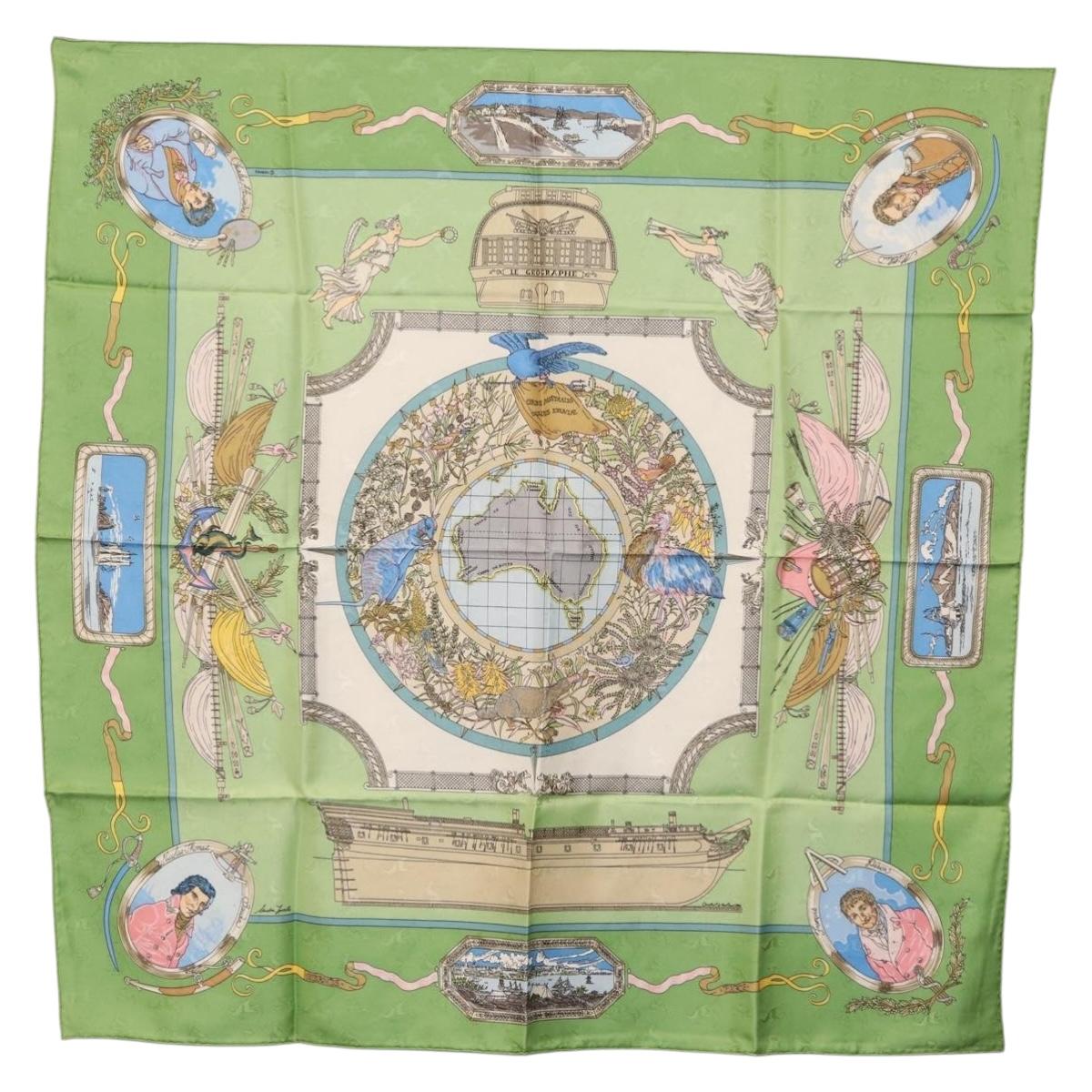 HERMES Carre 90 Scarf ""Orbis Australis"" Silk Green Auth BA12023A