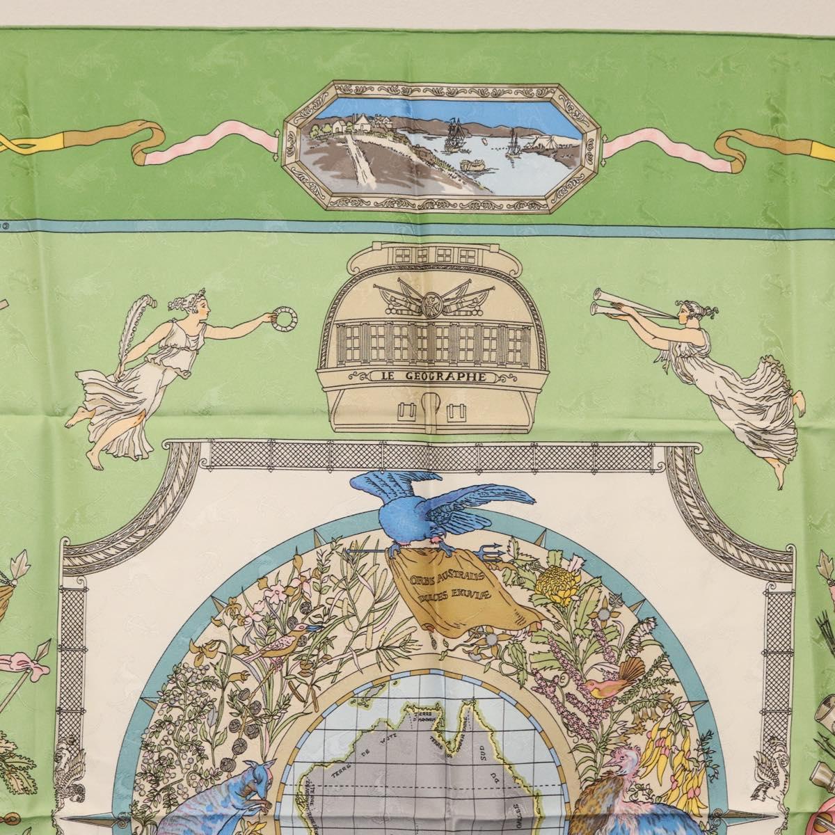 HERMES Carre 90 Scarf ""Orbis Australis"" Silk Green Auth BA12023A