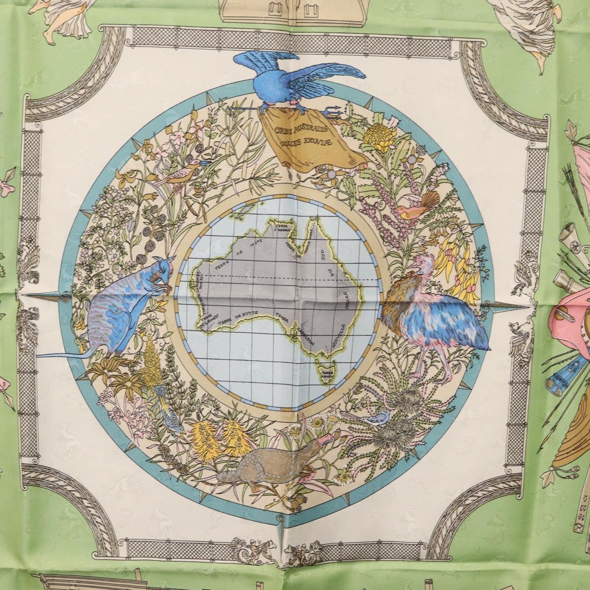 HERMES Carre 90 Scarf ""Orbis Australis"" Silk Green Auth BA12023A