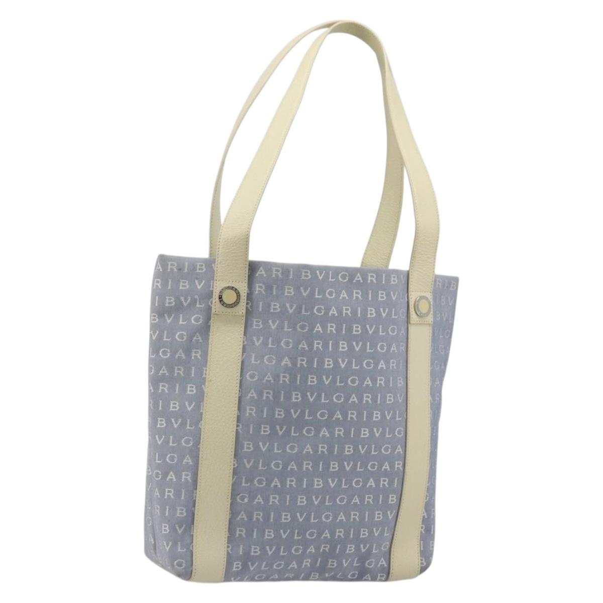 BVLGARI Logo Mania Tote Bag Canvas Light Blue Silver Auth BA12043A
