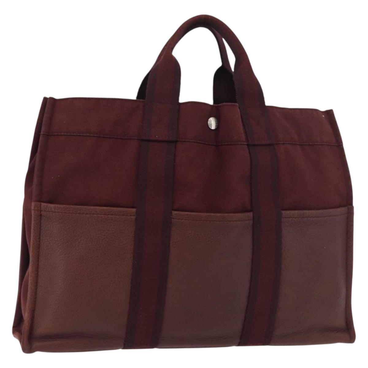 HERMES Fourre Tout MM Hand Bag Canvas Bordeaux Silver Auth BA12044A