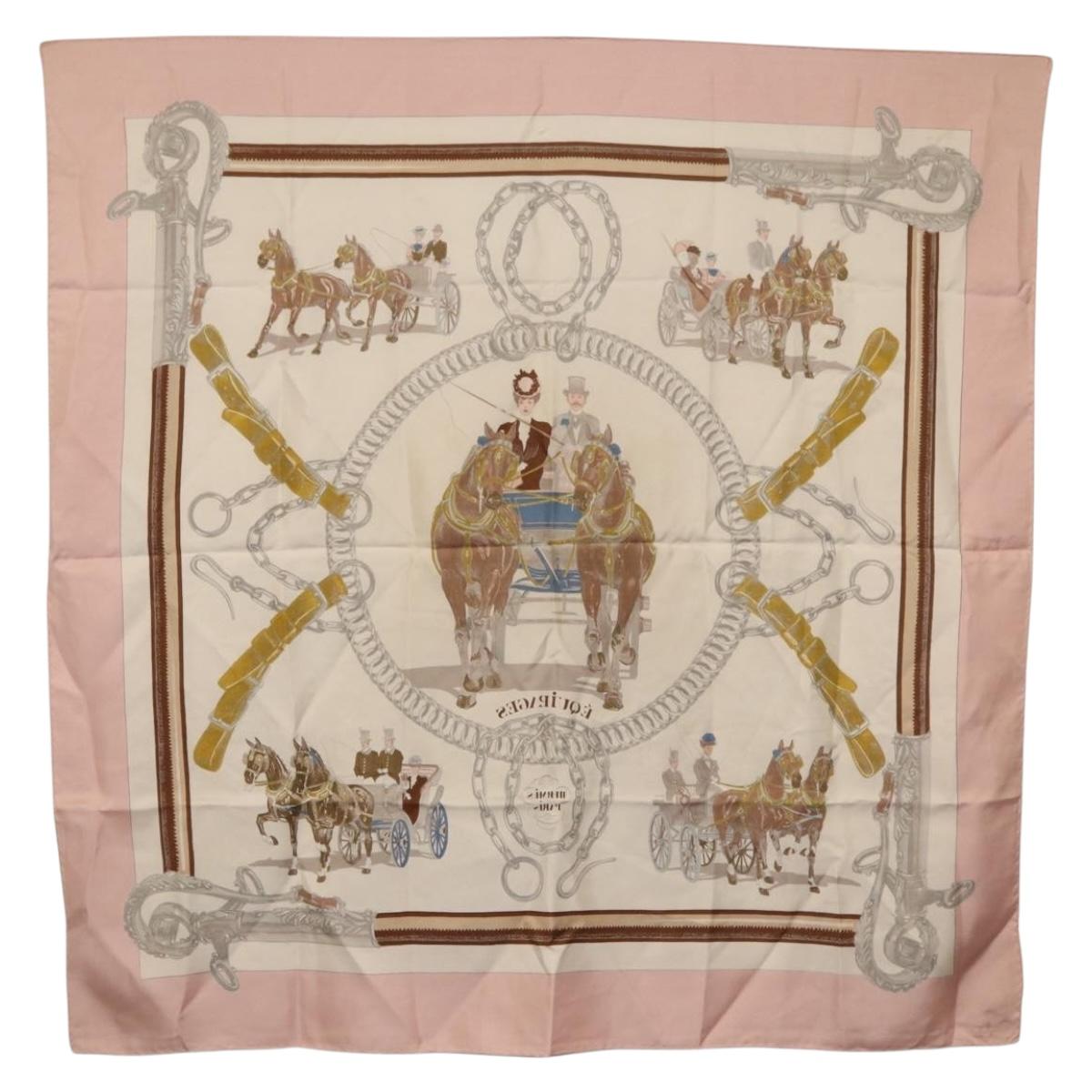 HERMES Carre 90 Scarf ""EQUIPAGES"" Silk Pink Auth BA12063