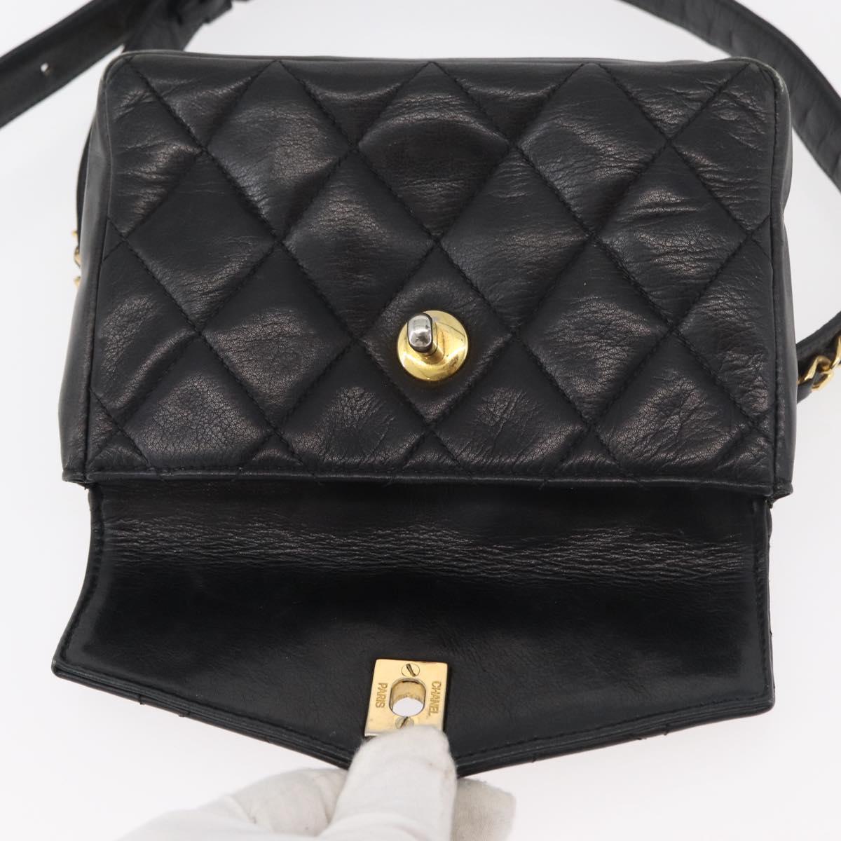 CHANEL Matelasse Chain Waist bag Lamb Skin Black Gold CC Auth BA12100