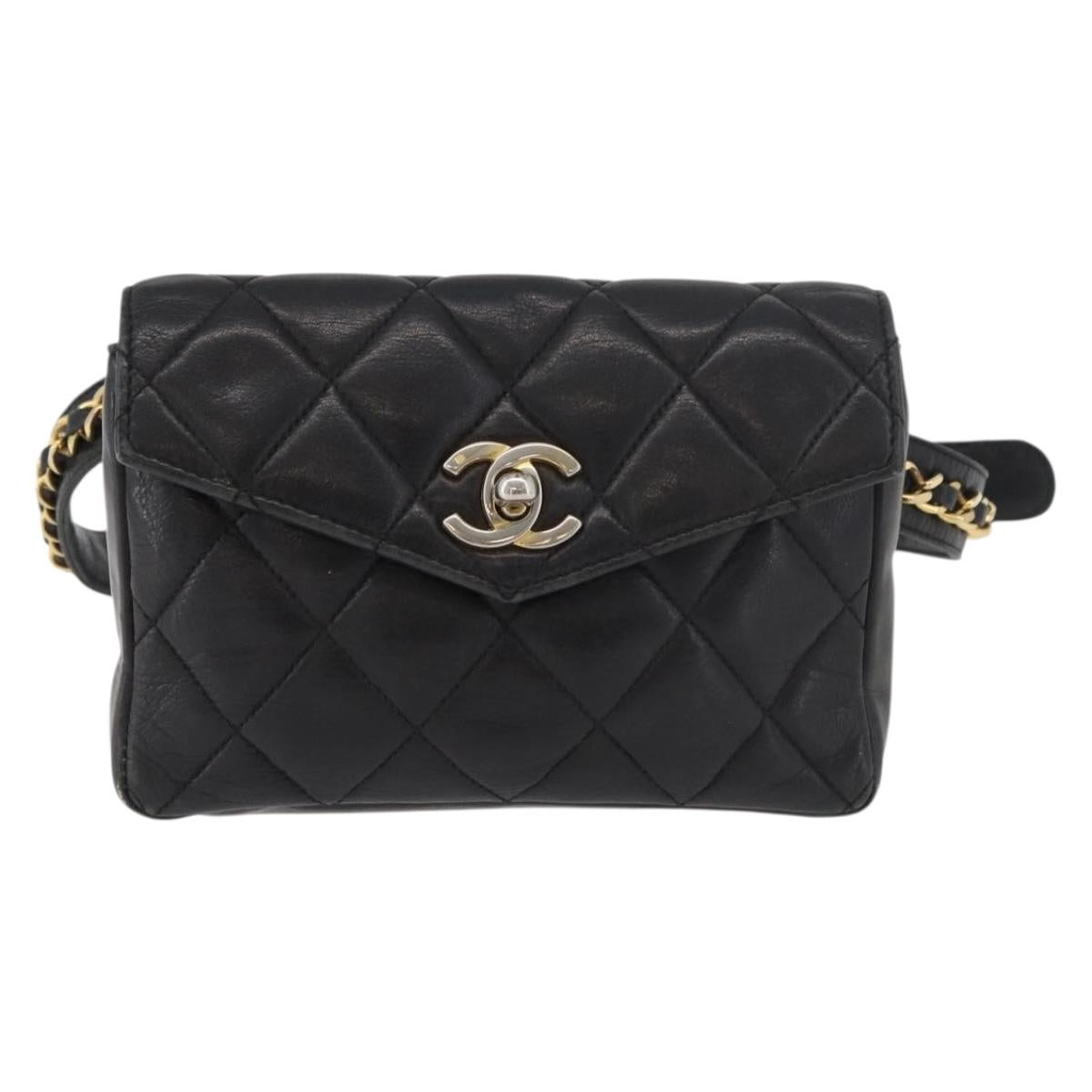 CHANEL Matelasse Chain Waist bag Lamb Skin Black Gold CC Auth BA12100