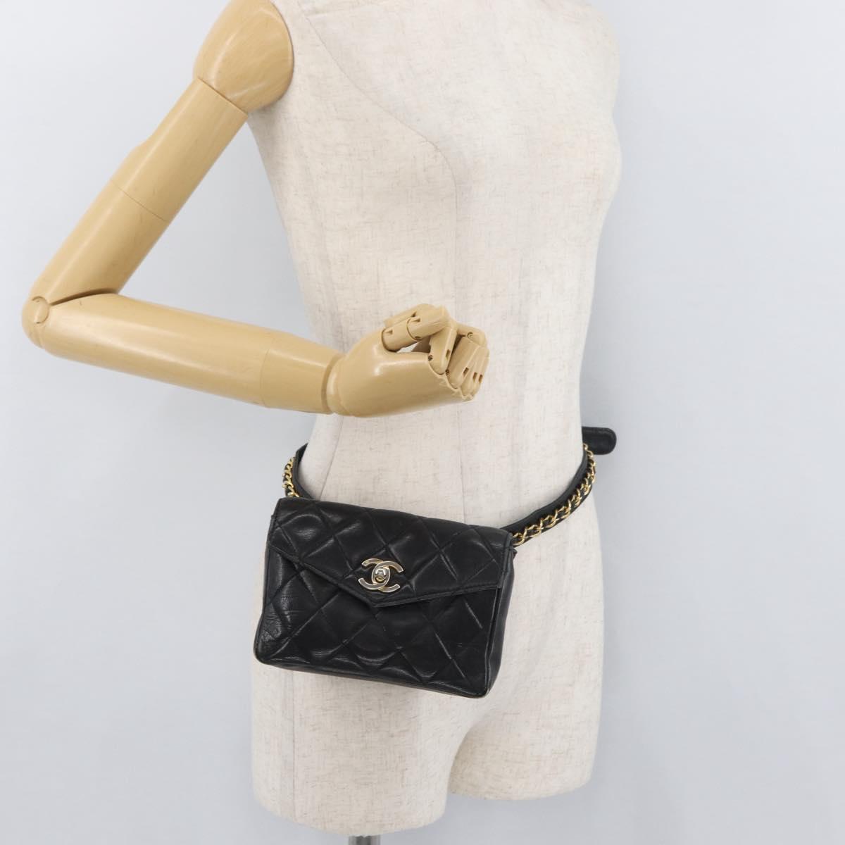 CHANEL Matelasse Chain Waist bag Lamb Skin Black Gold CC Auth BA12100