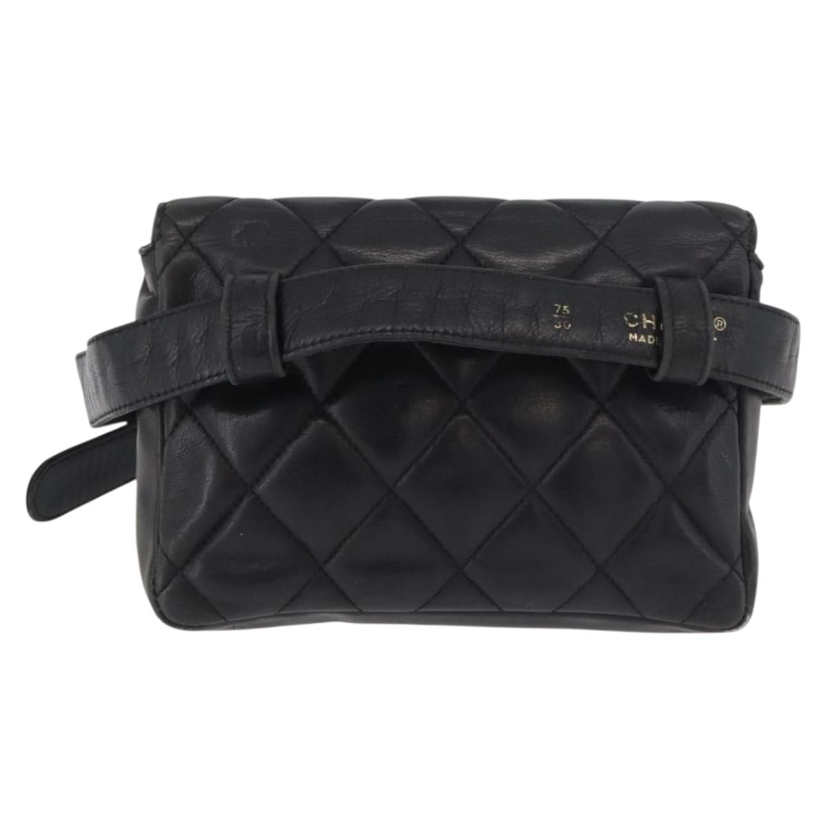 CHANEL Matelasse Chain Waist bag Lamb Skin Black Gold CC Auth BA12100