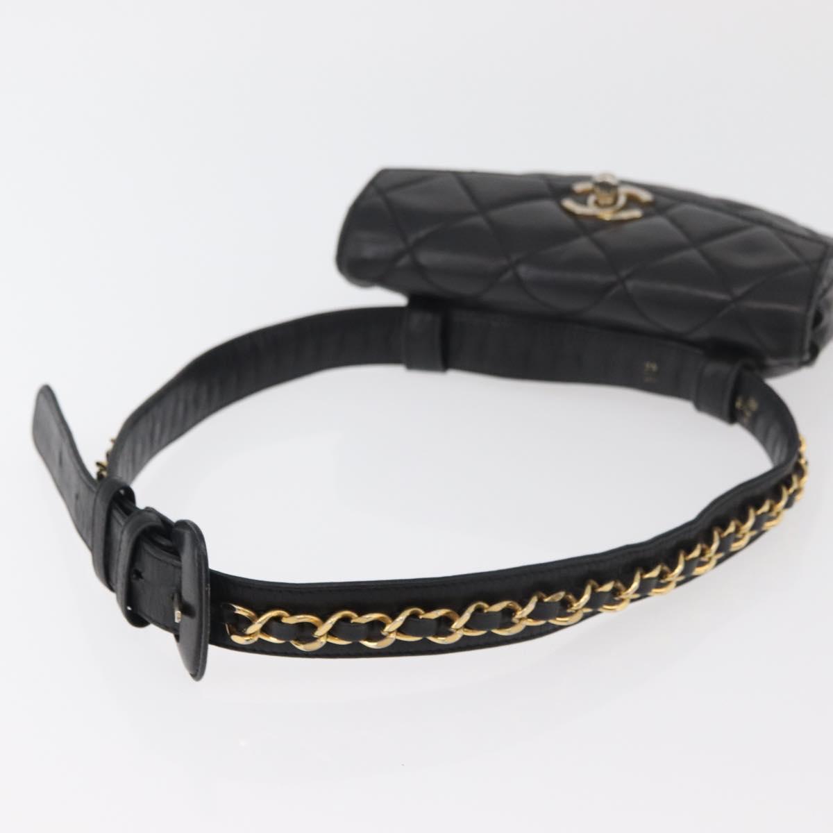 CHANEL Matelasse Chain Waist bag Lamb Skin Black Gold CC Auth BA12100