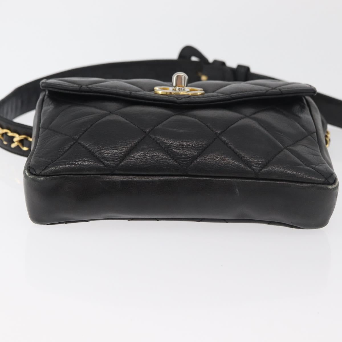 CHANEL Matelasse Chain Waist bag Lamb Skin Black Gold CC Auth BA12100