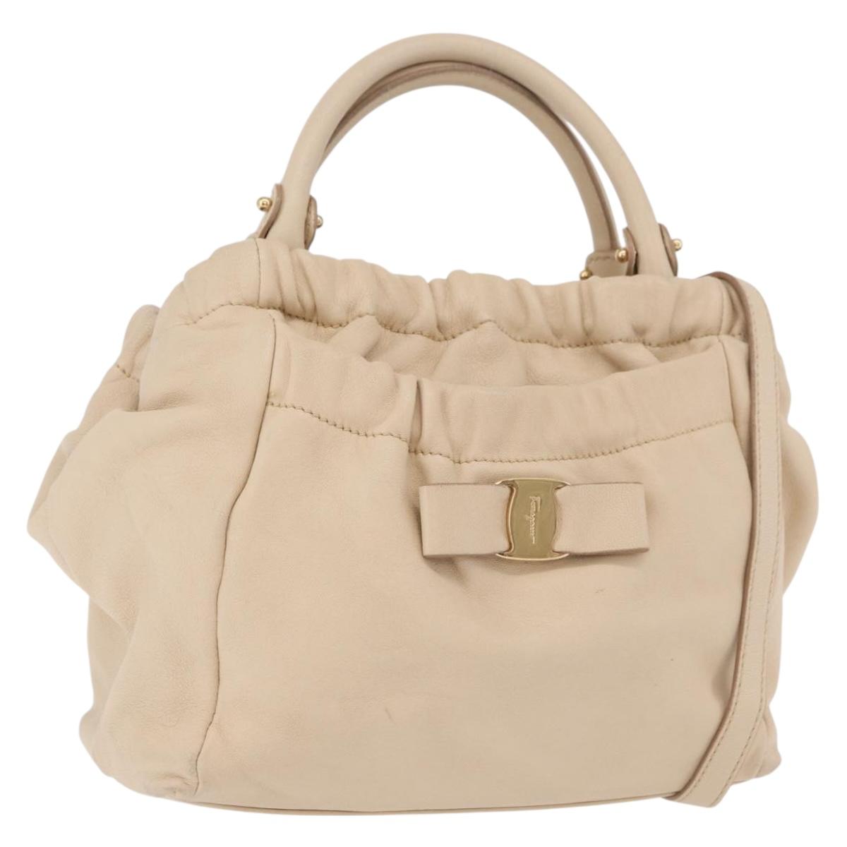 Salvatore Ferragamo Vala Hand Bag Leather 2way Ivory Gold Auth BA12126A