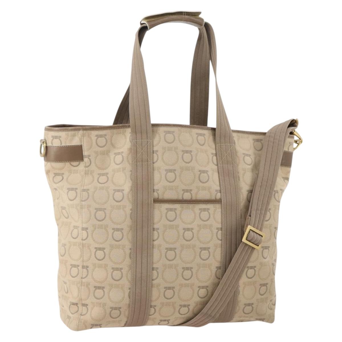 Salvatore Ferragamo Tote Bag Canvas 2way Beige Gold Auth BA12135