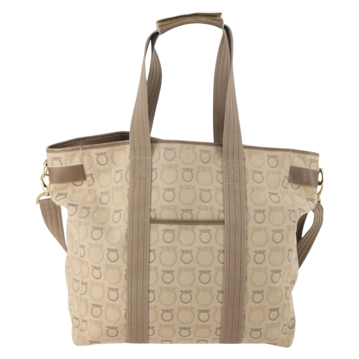 Salvatore Ferragamo Tote Bag Canvas 2way Beige Gold Auth BA12135