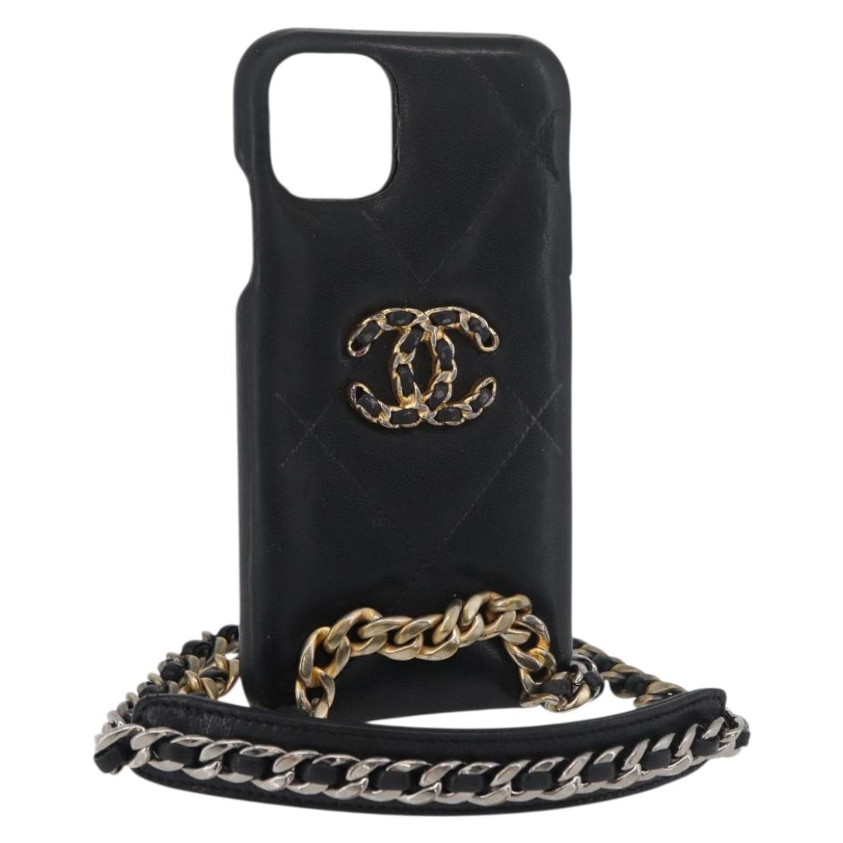 CHANEL Matelasse Chain iPhone Case Bag Lamb Skin Black Gold CC Auth BA12149A