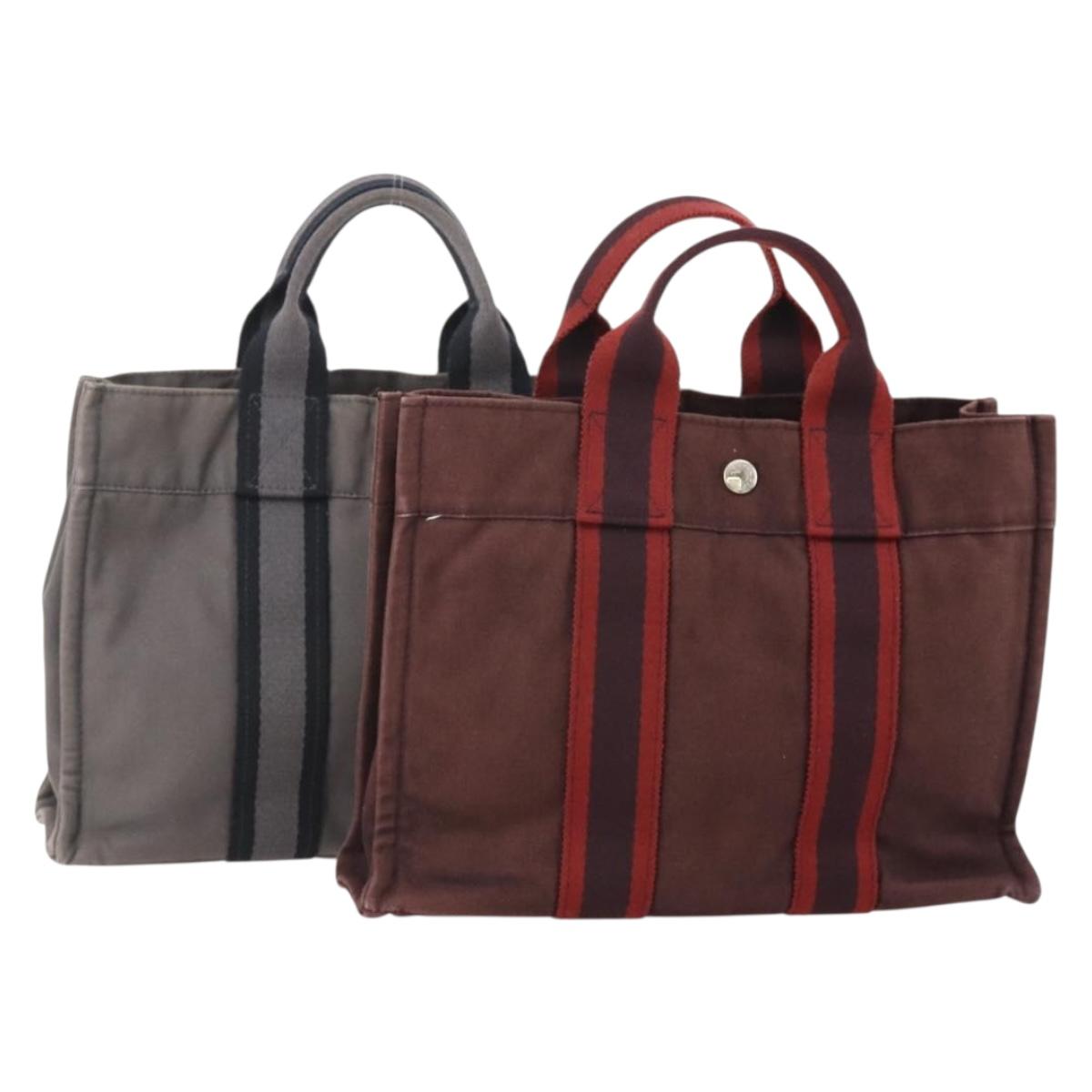 HERMES Fourre Tout PM Hand Bag Canvas 2 Set Gray Bordeaux Auth BA12167