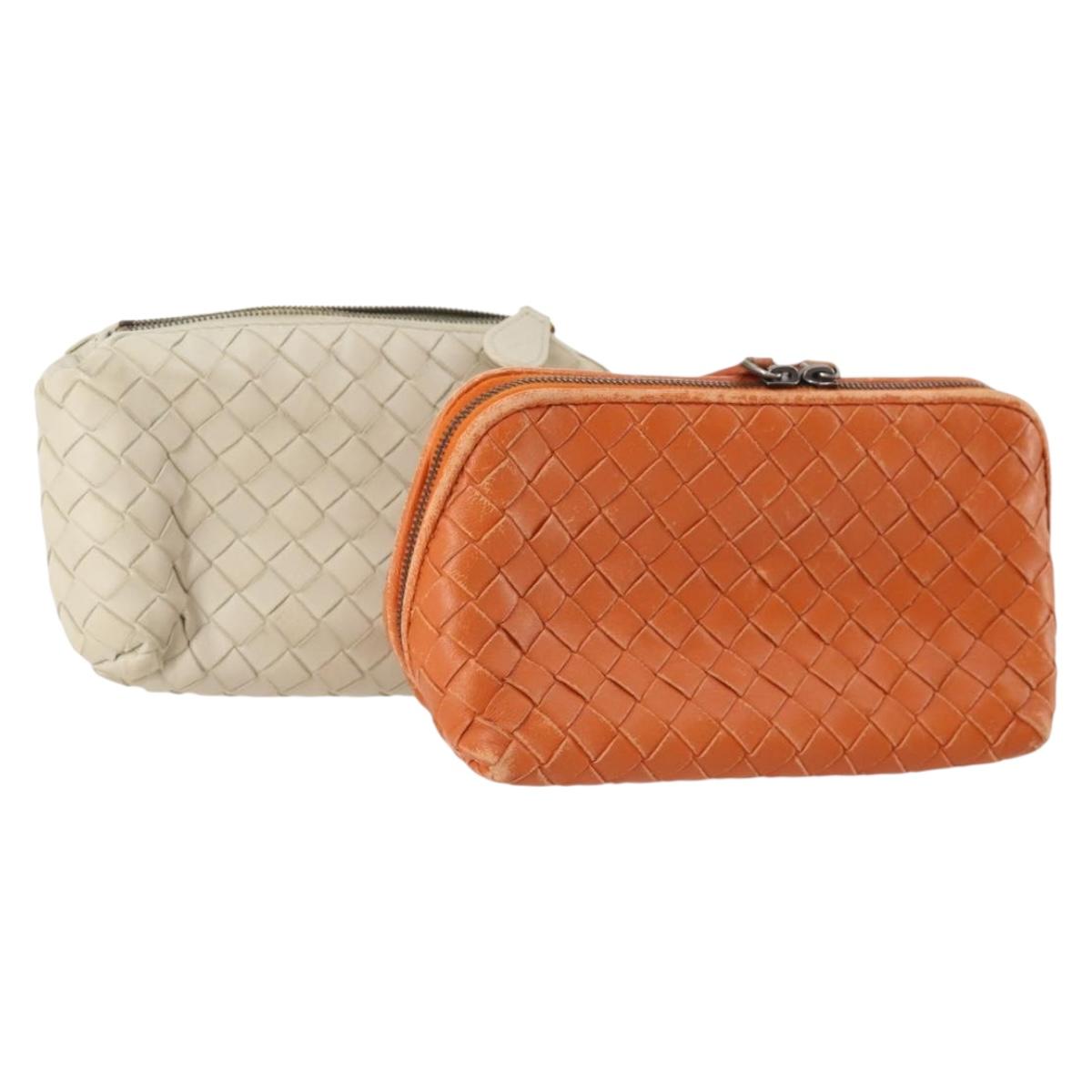 BOTTEGA VENETA INTRECCIATO Pouch Leather 2 Set Orange White Auth BA12170