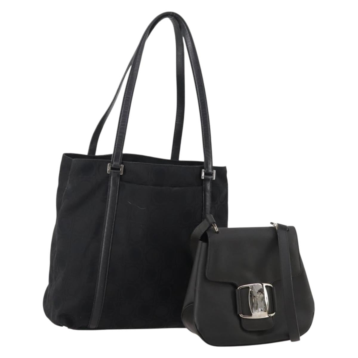 Salvatore Ferragamo Shoulder Bag Canvas Leather 2 Set Black Auth BA12171