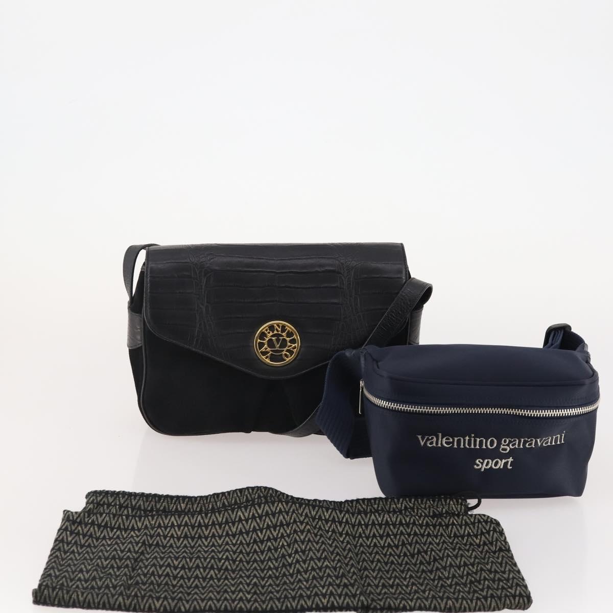 VALENTINO Shoulder Bag Nylon Suede Leather 2 Set Black Navy Auth BA12172