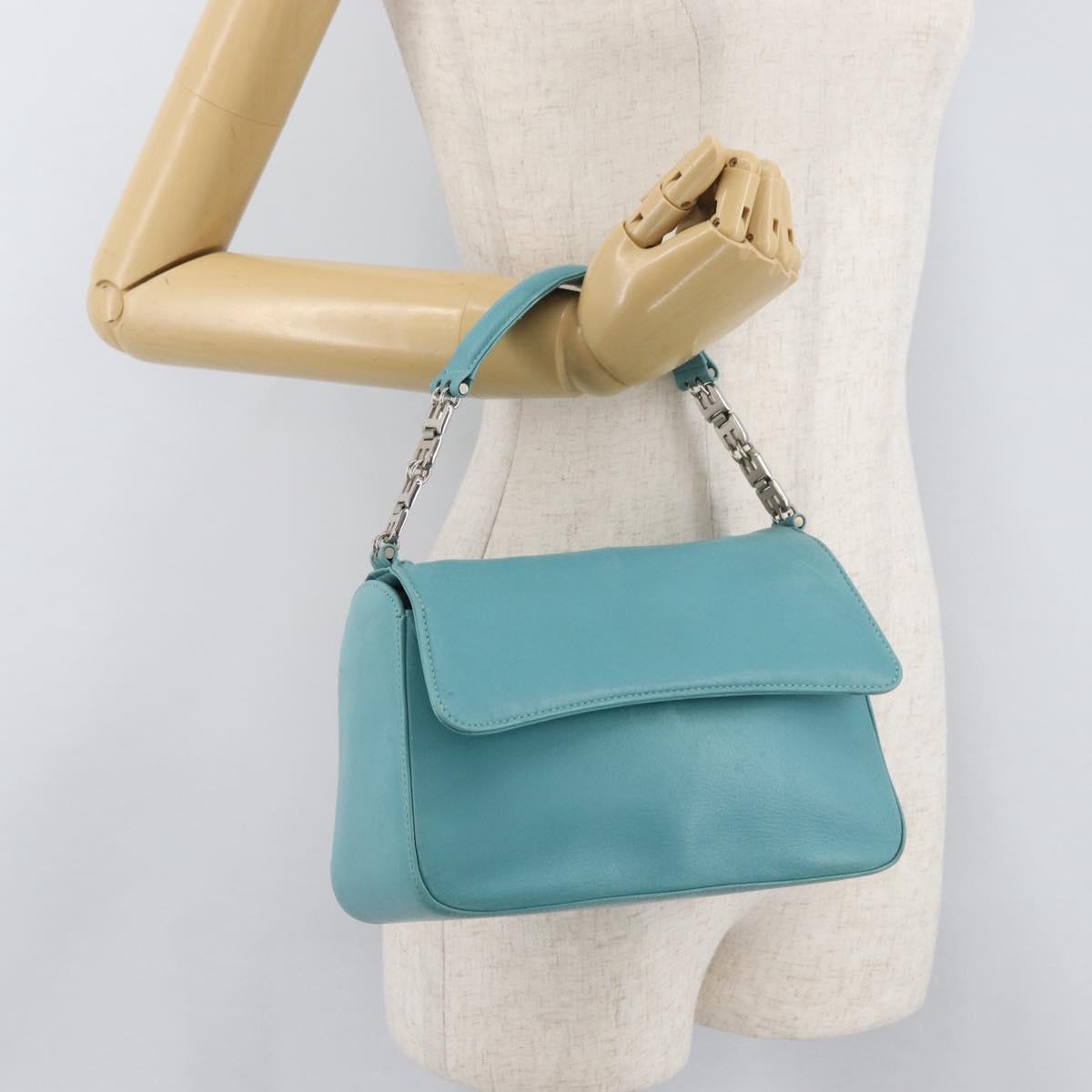 BALLY Hand Bag Leather Turquoise Blue Silver Auth BA12211A