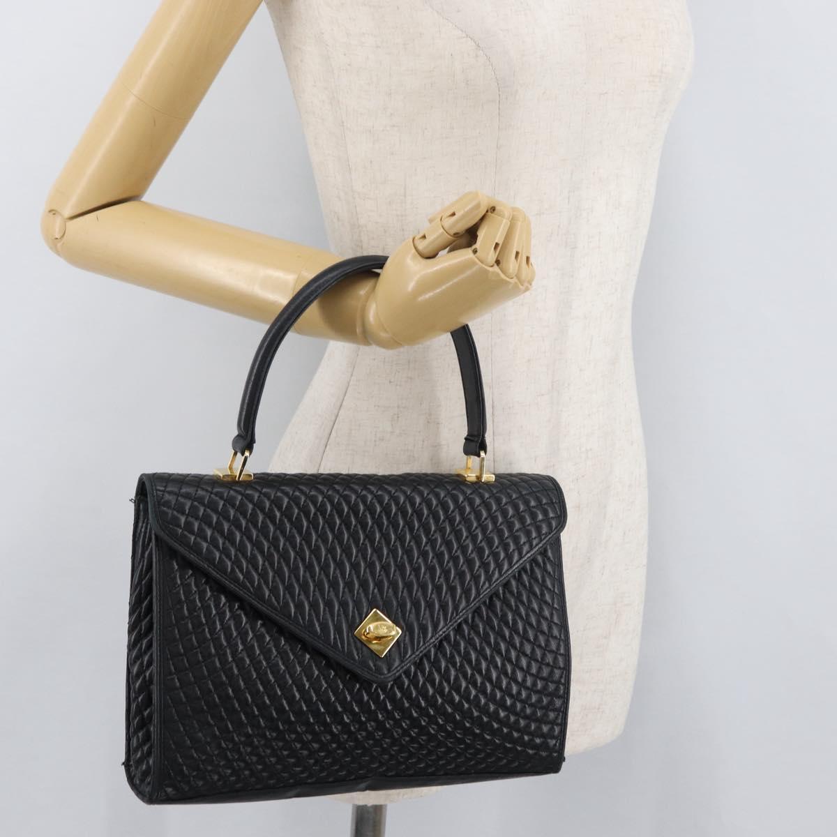 BALLY Quilted Hand Bag Leather Black Gold Auth BA12212A