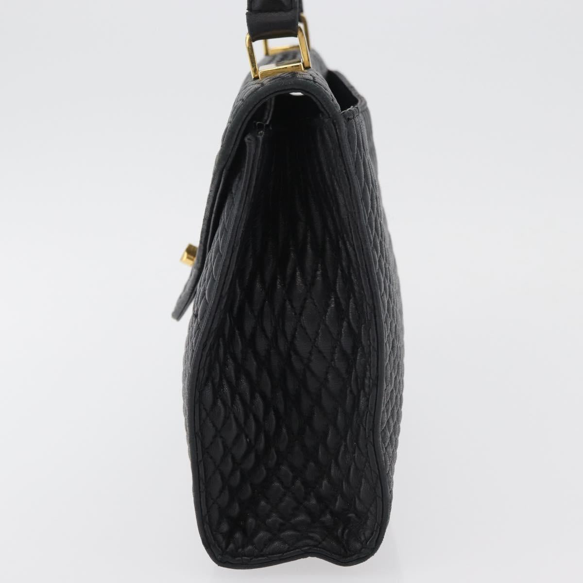 BALLY Quilted Hand Bag Leather Black Gold Auth BA12212A