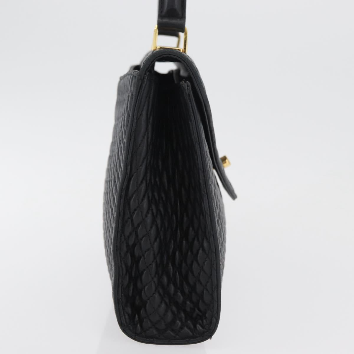 BALLY Quilted Hand Bag Leather Black Gold Auth BA12212A